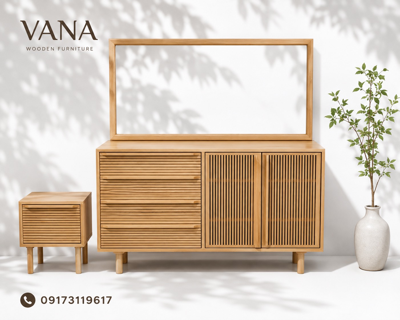 میز کنسول چوبی VANA | کنسول چوب راش دکوراتیو با طراحی مدرن و آینه
