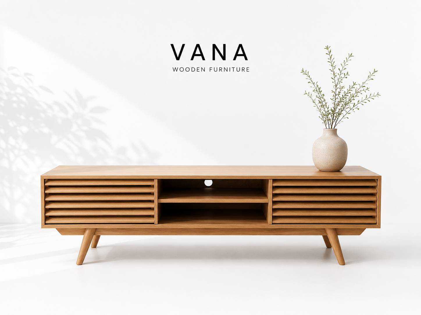 میز تلویزیون چوبی کرکره ای VANA | روکش بلوط و پایه راش | ریل ترکیه‌ای