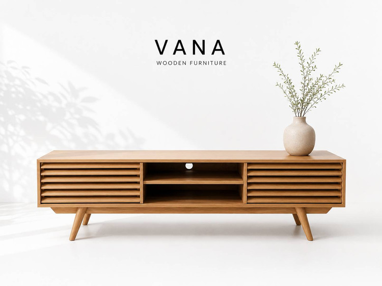 میز تلویزیون چوبی کرکره ای VANA | روکش بلوط و پایه راش | ریل ترکیهای