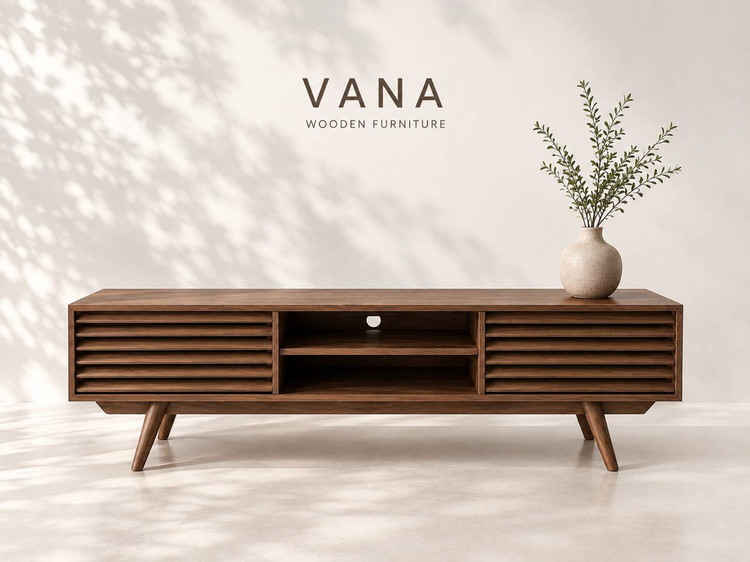 میز تلویزیون چوبی کرکره ای VANA | روکش بلوط و پایه راش | ریل ترکیهای